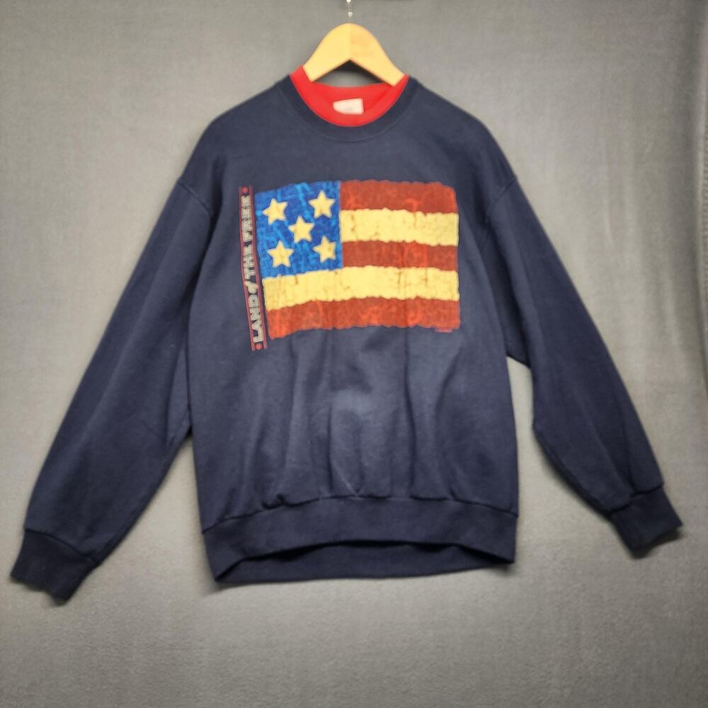 Jerzees Sweatshirt Mens Large Navy Land of the Free USA Flag Graphic Crewneck